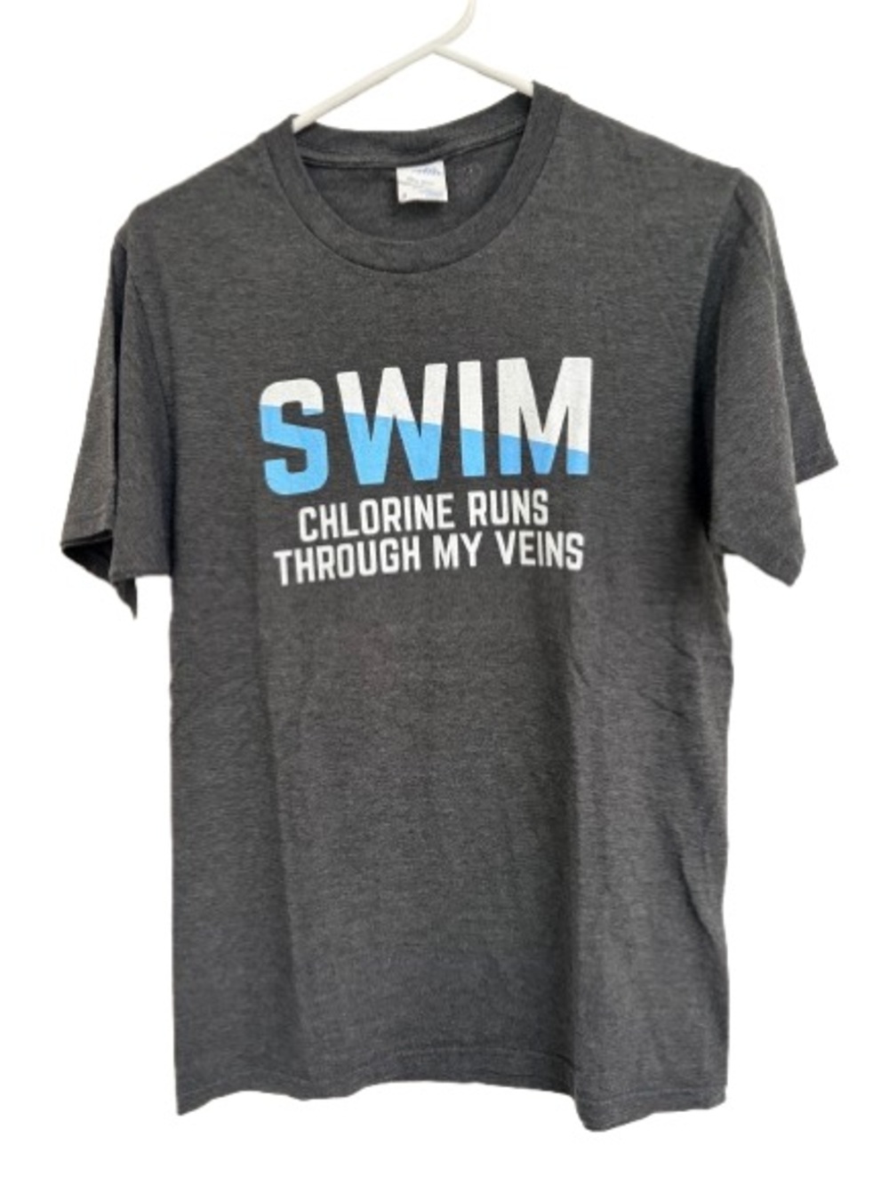 Port and Company Men's Dark Gray Swim Tee with White and Blue Graphic